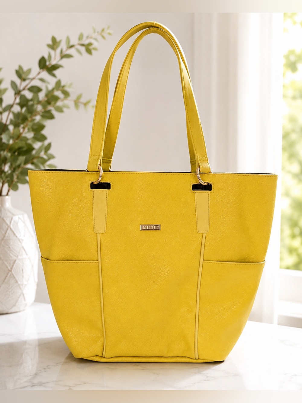 Miche Yellow Textured Tote Bag Large Shoulder Bag Faux Leather